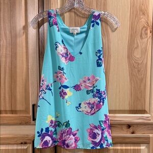 Everly Stunning Aqua Floral V-Neck Tank Top Blouse with Pink Purple Blooms Sz M